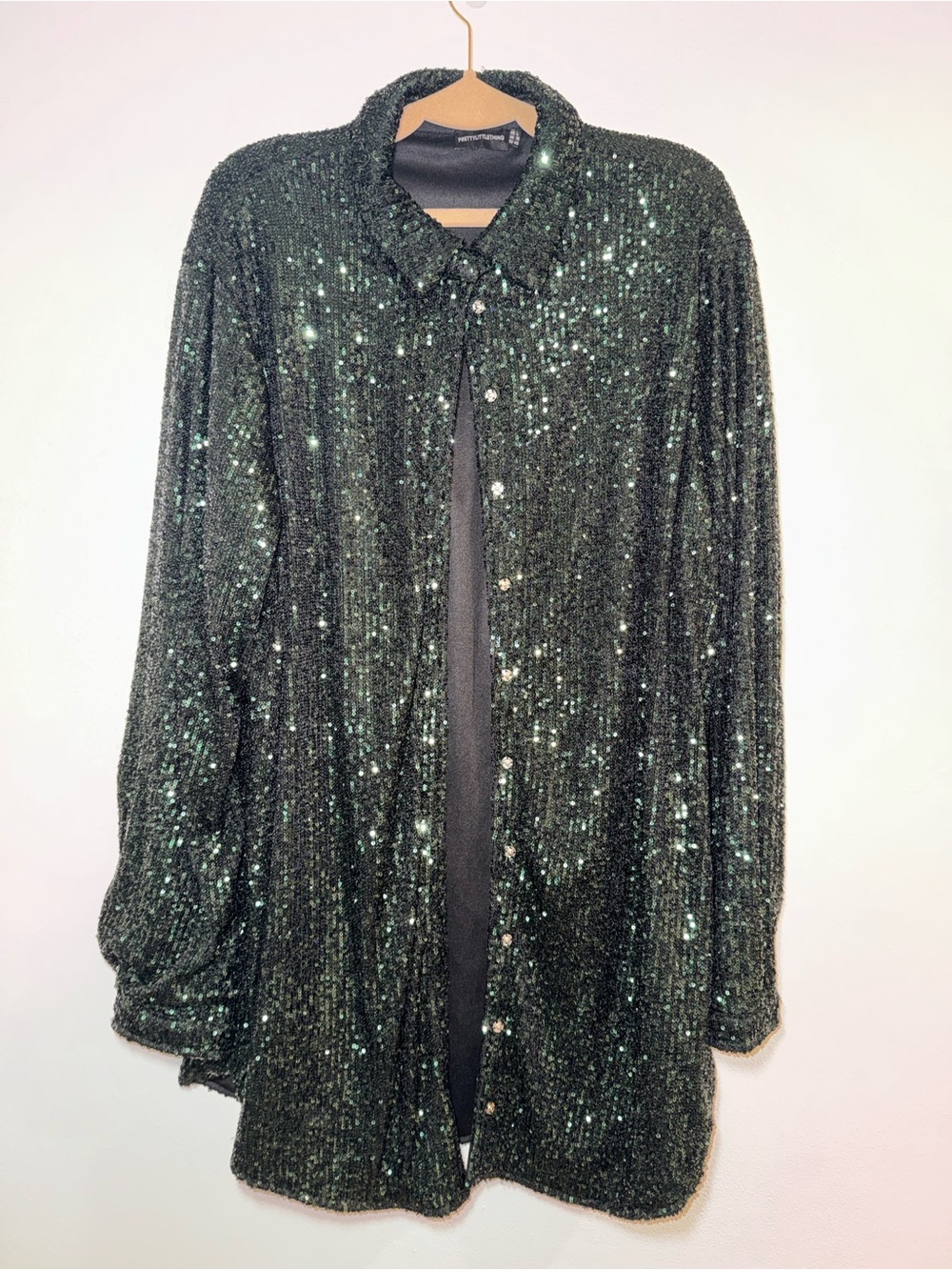 PLT Sequined Button-Front Shimmer Shirt Jacket - Emerald Green